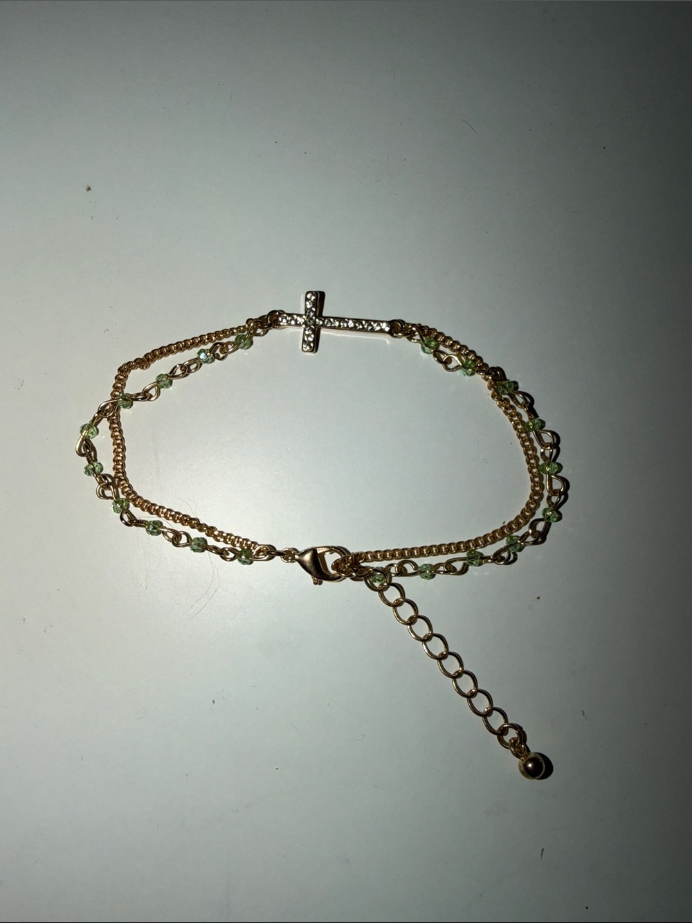 Gold-Tone Cross Layered Bracelet with Green Beads